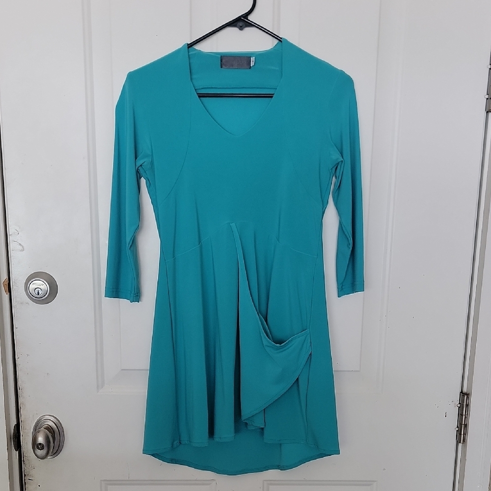 Teal V-Neck Dress with 3/4 Sleeves